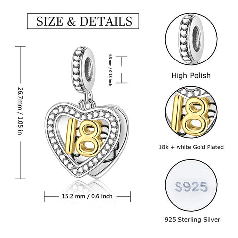 18th Birthday Celebration, Happy Birthday 925 Sterling Silver 18th Birthday Dangle Charm Fits all Charm Bracelets 18 Years of Love