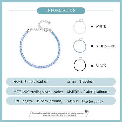 Blue and Pink Leather Fashion Bracelets Adjustable Chain with 925 Sterling Silver 18cm-23cm