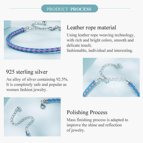 Blue and Pink Leather Fashion Bracelets Adjustable Chain with 925 Sterling Silver 18cm-23cm