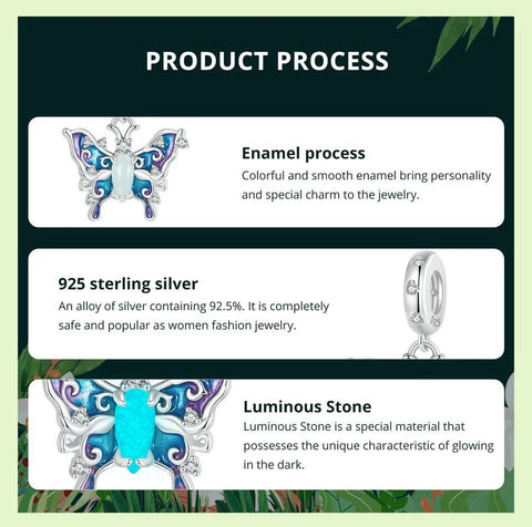 Luminous Purple Butterfly Charm Butterfly charm, Fits European style Charm 925 Sterling Silver Charm, Glow in the Dark