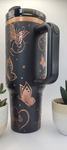 Whimsical Butterflies - Black on copper base 40oz Double Wall Insulated Tumbler with Handles Gift for mom, Granny, sister