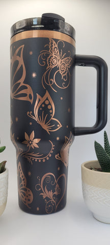 Whimsical Butterflies - Black on copper base 40oz Double Wall Insulated Tumbler with Handles Gift for mom, Granny, sister