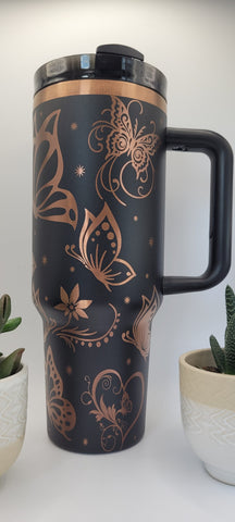 Whimsical Butterflies - Black on copper base 40oz Double Wall Insulated Tumbler with Handles Gift for mom, Granny, sister