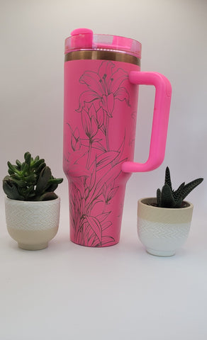 Tiger Lillies | Lilly Floral gift. Pink on copper base 40oz Double Wall Insulated Tumbler with Handles Gift for mom, Granny, sister