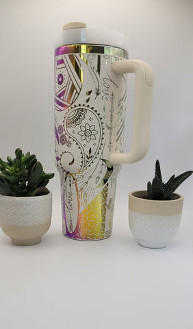 Henna Paisley, Boho - white on rainbow base 40oz Double Wall Insulated Tumbler with Handles Gift for mom, Granny, sister, mum, Friend