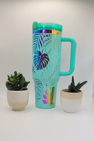 Monstera Leaves, Tropical garden - Teal on rainbow base 40oz Double Wall Insulated Tumbler with Handles Gift for mom, Granny, sister