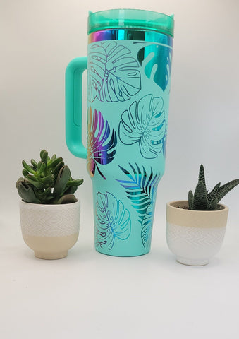 Monstera Leaves, Tropical garden - Teal on rainbow base 40oz Double Wall Insulated Tumbler with Handles Gift for mom, Granny, sister