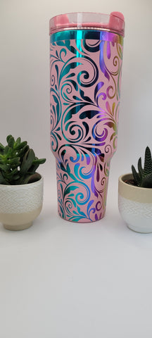 Tooled Leather Paisley Floral gift Pink on rainbow base 40oz Double Wall Insulated Tumbler with Handles Gift for mom, Granny, sister