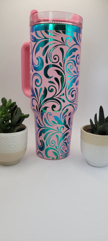 Tooled Leather Paisley Floral gift Pink on rainbow base 40oz Double Wall Insulated Tumbler with Handles Gift for mom, Granny, sister