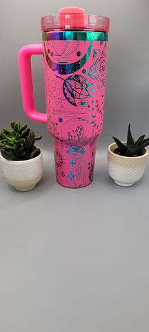 Boho, love, paisley Pink on rainbow base 40oz Double Wall Insulated Tumbler with Handles Gift for mom, Granny, sister