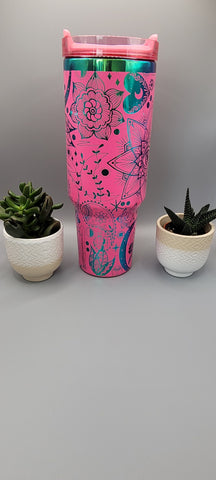 Boho, love, paisley Pink on rainbow base 40oz Double Wall Insulated Tumbler with Handles Gift for mom, Granny, sister