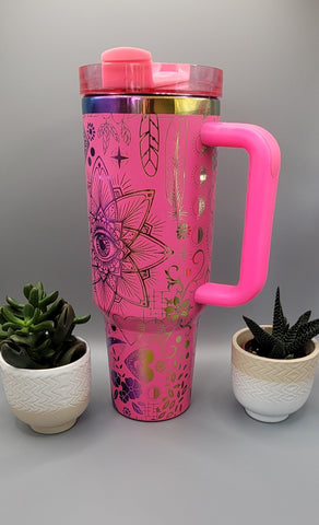 Boho, love, paisley Pink on rainbow base 40oz Double Wall Insulated Tumbler with Handles Gift for mom, Granny, sister