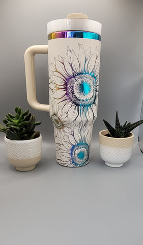SuNflowers, floral gift - white on rainbow base 40oz Double Wall Insulated Tumbler with Handles Gift for mom, Granny, sister, mum, Friend