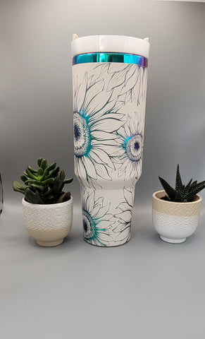 SuNflowers, floral gift - white on rainbow base 40oz Double Wall Insulated Tumbler with Handles Gift for mom, Granny, sister, mum, Friend