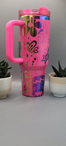 Boho, love, paisley Pink on rainbow base 40oz Double Wall Insulated Tumbler with Handles Gift for mom, Granny, sister