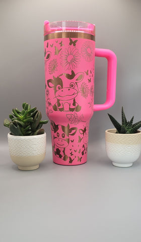 Cute cows Pink on copper base 40oz Double Wall Insulated Tumbler with Handles Gift for mom, sister