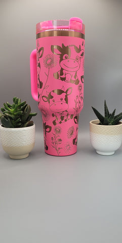 Cute cows Pink on copper base 40oz Double Wall Insulated Tumbler with Handles Gift for mom, sister