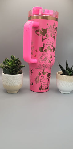 Cute cows Pink on copper base 40oz Double Wall Insulated Tumbler with Handles Gift for mom, sister