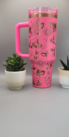 Cute cows Pink on copper base 40oz Double Wall Insulated Tumbler with Handles Gift for mom, sister