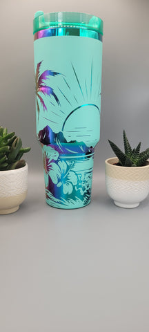 Sunset, Beach vibes,Tropical garden - Teal on rainbow base 40oz Double Wall Insulated Tumbler with Handles Gift for mom, Granny, sister