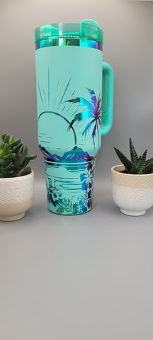 Sunset, Beach vibes,Tropical garden - Teal on rainbow base 40oz Double Wall Insulated Tumbler with Handles Gift for mom, Granny, sister