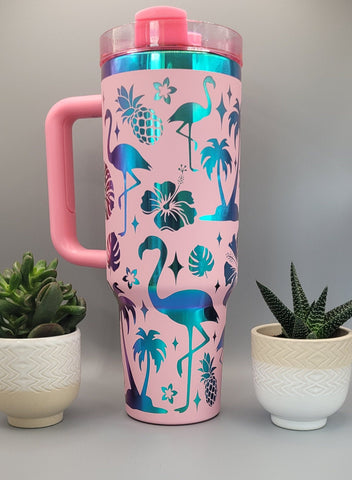 Flamingos, beach vibes, summer vaccation Pink on rainbow base 40oz Double Wall Insulated Tumbler with Handles Gift for mom, Granny, sister
