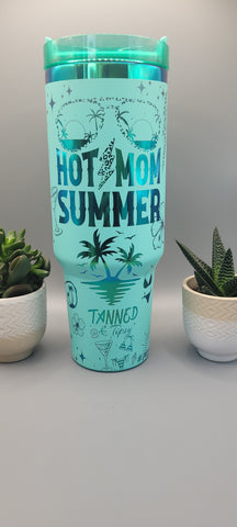 Hot Mom Beach bum, Beach vibes- Teal on rainbow base 40oz Double Wall Insulated Tumbler with Handles Gift for mom, Granny, sister