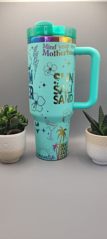Hot Mom Beach bum, Beach vibes- Teal on rainbow base 40oz Double Wall Insulated Tumbler with Handles Gift for mom, Granny, sister