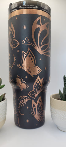 Whimsical Butterflies - Black on copper base 40oz Double Wall Insulated Tumbler with Handles Gift for mom, Granny, sister