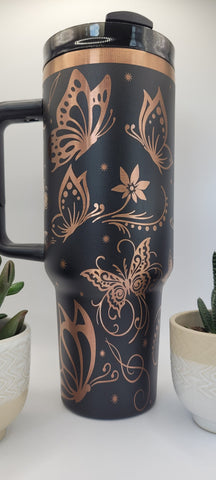 Whimsical Butterflies - Black on copper base 40oz Double Wall Insulated Tumbler with Handles Gift for mom, Granny, sister