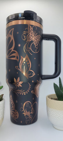 Whimsical Butterflies - Black on copper base 40oz Double Wall Insulated Tumbler with Handles Gift for mom, Granny, sister