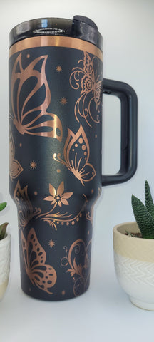Whimsical Butterflies - Black on copper base 40oz Double Wall Insulated Tumbler with Handles Gift for mom, Granny, sister