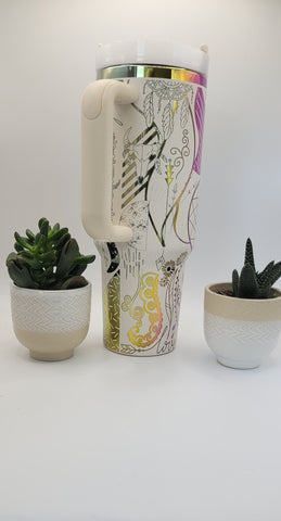 Henna Paisley, Boho - white on rainbow base 40oz Double Wall Insulated Tumbler with Handles Gift for mom, Granny, sister, mum, Friend