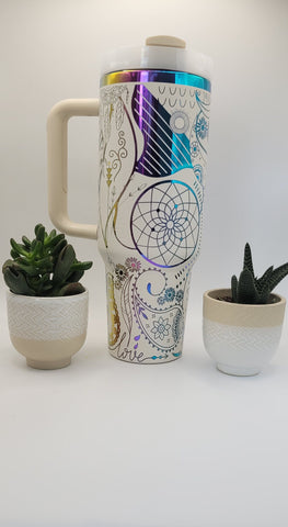 Henna Paisley, Boho - white on rainbow base 40oz Double Wall Insulated Tumbler with Handles Gift for mom, Granny, sister, mum, Friend