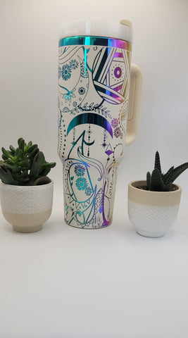 Henna Paisley, Boho - white on rainbow base 40oz Double Wall Insulated Tumbler with Handles Gift for mom, Granny, sister, mum, Friend