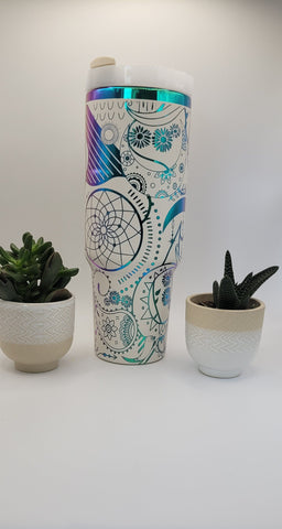 Henna Paisley, Boho - white on rainbow base 40oz Double Wall Insulated Tumbler with Handles Gift for mom, Granny, sister, mum, Friend