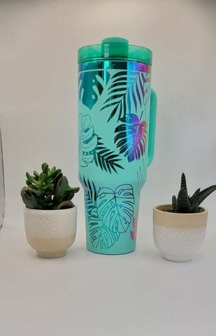 Monstera Leaves, Tropical garden - Teal on rainbow base 40oz Double Wall Insulated Tumbler with Handles Gift for mom, Granny, sister