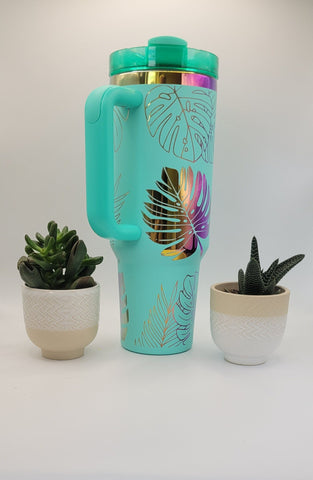 Monstera Leaves, Tropical garden - Teal on rainbow base 40oz Double Wall Insulated Tumbler with Handles Gift for mom, Granny, sister