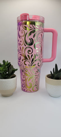 Tooled Leather Paisley Floral gift Pink on rainbow base 40oz Double Wall Insulated Tumbler with Handles Gift for mom, Granny, sister