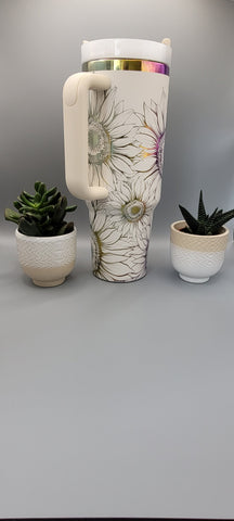 SuNflowers, floral gift - white on rainbow base 40oz Double Wall Insulated Tumbler with Handles Gift for mom, Granny, sister, mum, Friend