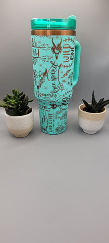 Wild one, dreamer, free soul, western. Teal on copper base 40oz Double Wall Insulated Tumbler with Handles Gift for mom, Granny, sister