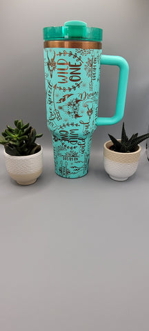 Wild one, dreamer, free soul, western. Teal on copper base 40oz Double Wall Insulated Tumbler with Handles Gift for mom, Granny, sister