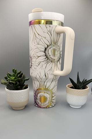 SuNflowers, floral gift - white on rainbow base 40oz Double Wall Insulated Tumbler with Handles Gift for mom, Granny, sister, mum, Friend