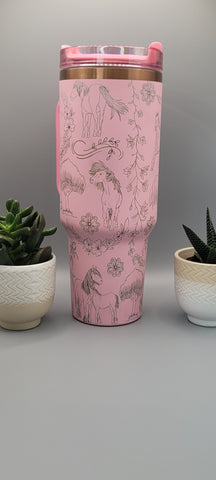 Horses, horse lover, horse riding Pink on copper base 40oz Double Wall Insulated Tumbler with Handles Gift for mom, sister