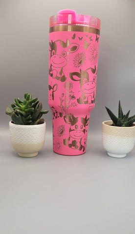 Cute cows Pink on copper base 40oz Double Wall Insulated Tumbler with Handles Gift for mom, sister