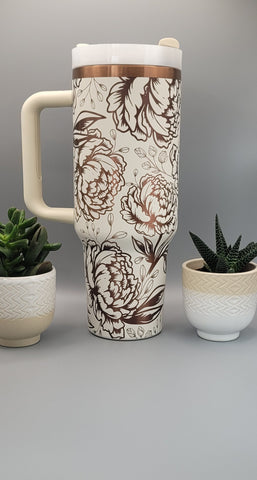 Peonies, Peony flower cream on copper base 40oz Double Wall Insulated Tumbler with Handles Gift for mom, Granny, sister