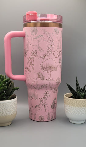 Horses, horse lover, horse riding Pink on copper base 40oz Double Wall Insulated Tumbler with Handles Gift for mom, sister