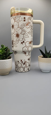 Honey Bees flower cream on copper base 40oz Double Wall Insulated Tumbler with Handles Gift for mom, Granny, sister