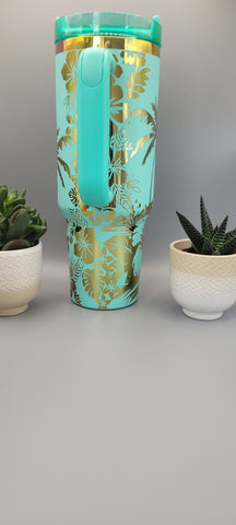 Sunset, Beach vibes,Tropical garden - Teal on rainbow base 40oz Double Wall Insulated Tumbler with Handles Gift for mom, Granny, sister