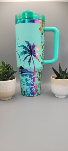 Sunset, Beach vibes,Tropical garden - Teal on rainbow base 40oz Double Wall Insulated Tumbler with Handles Gift for mom, Granny, sister